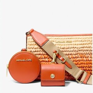 NWT Michael Kors ombre Tan Orange straw Woven Crossbody / shoulder Bag 3 pieces